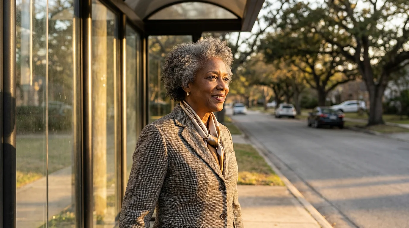 Confident older woman smiles while waiting for a bus at a modern stop during golden hour.