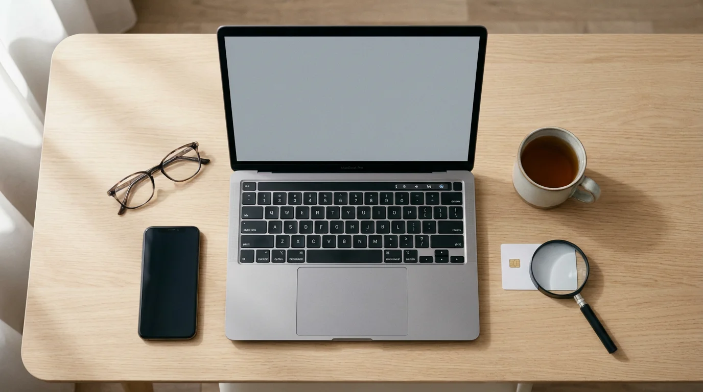 Desk flat lay with laptop and magnifying glass over a credit card for digital safety.