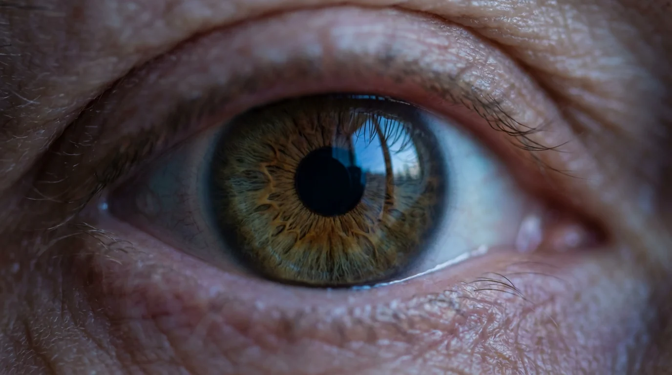 Detailed macro shot of a senior person's eye reflecting cool blue hour twilight.