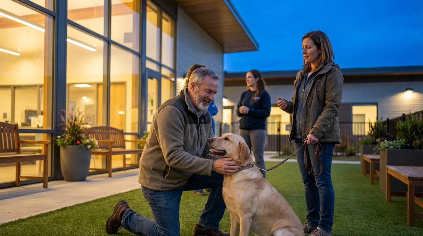 Diverse volunteers caring for dogs at an animal shelter during a cool evening.