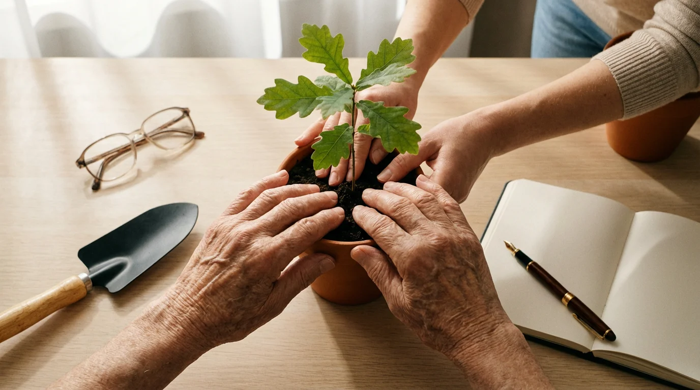Elderly and young hands potting a sapling, symbolizing legacy and estate planning.