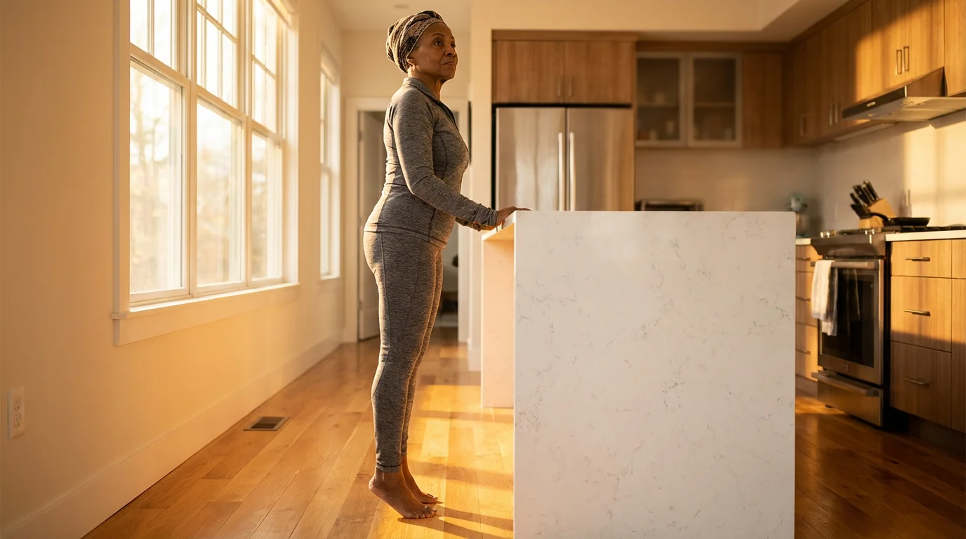 Elderly Black woman doing a supported standing exercise in a kitchen during golden hour.