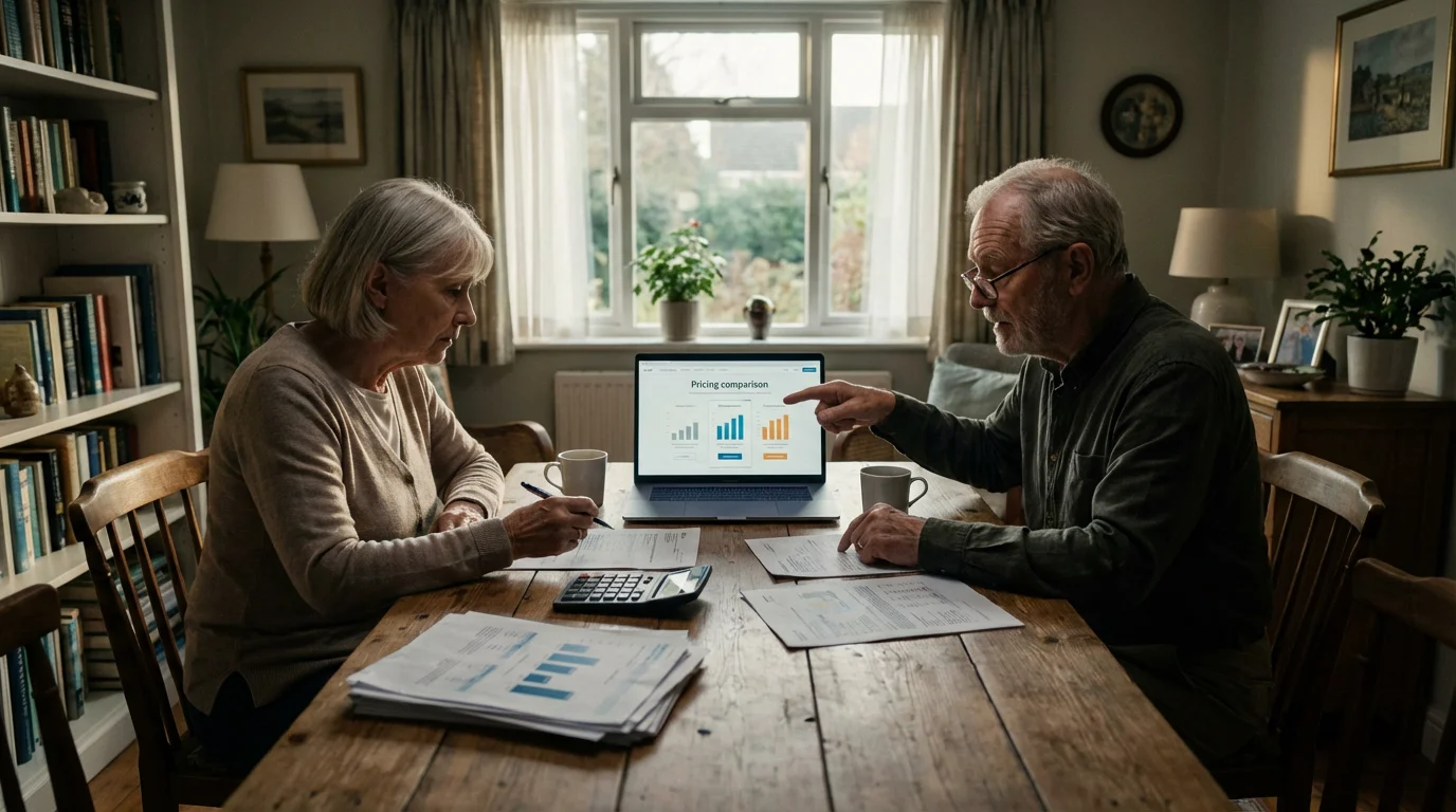 Elderly couple at a dining table planning their home security budget with a laptop.
