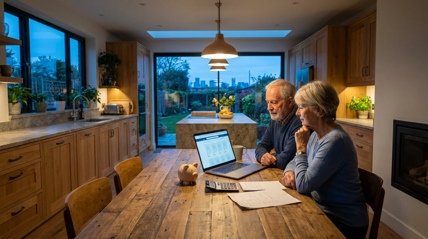Elderly couple at a kitchen table with a laptop and piggy bank, budgeting together.