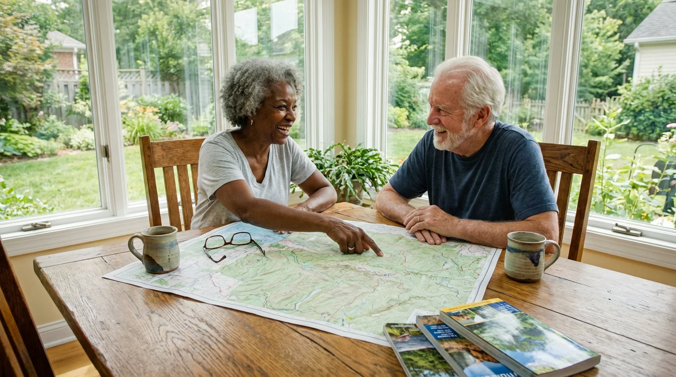 Elderly couple happily planning a trip at a table with maps by a window.