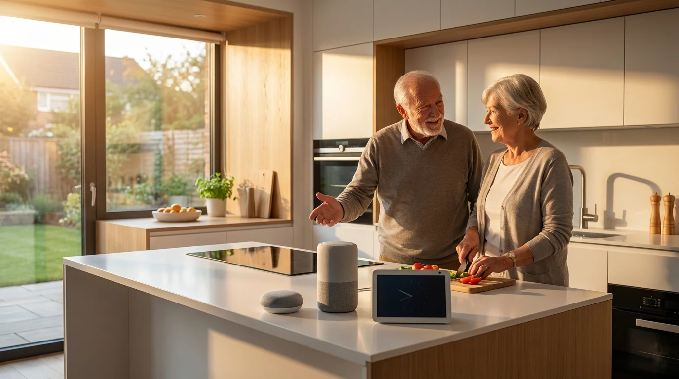 Elderly couple in a sunlit kitchen with three different smart speakers on the counter.