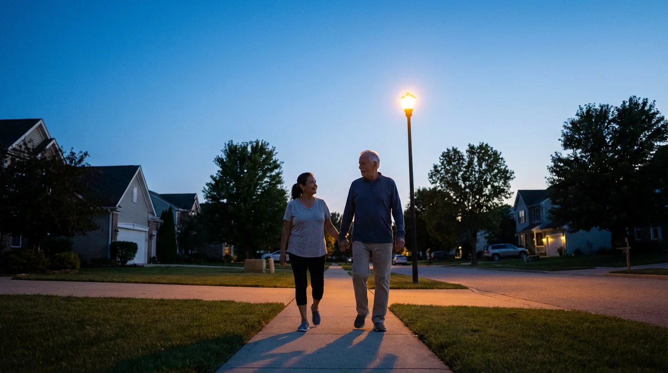 Elderly couple walking on a suburban sidewalk during a peaceful blue hour evening.