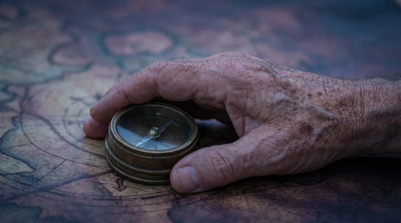 Elderly hand holding a vintage brass compass on an abstract map during twilight.