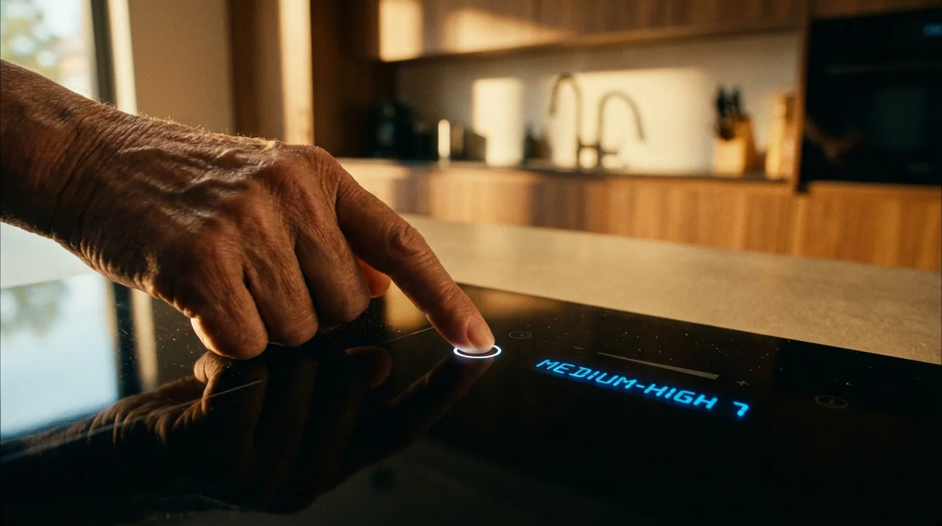 Elderly hand using the touch controls on a modern, black induction cooktop.