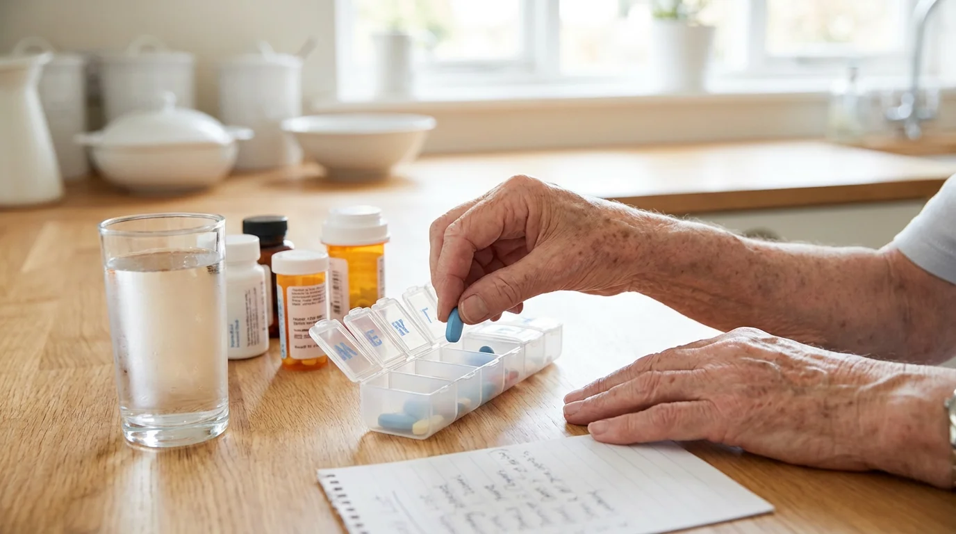 Elderly hands carefully placing pills into a weekly medication organizer on a wooden table.