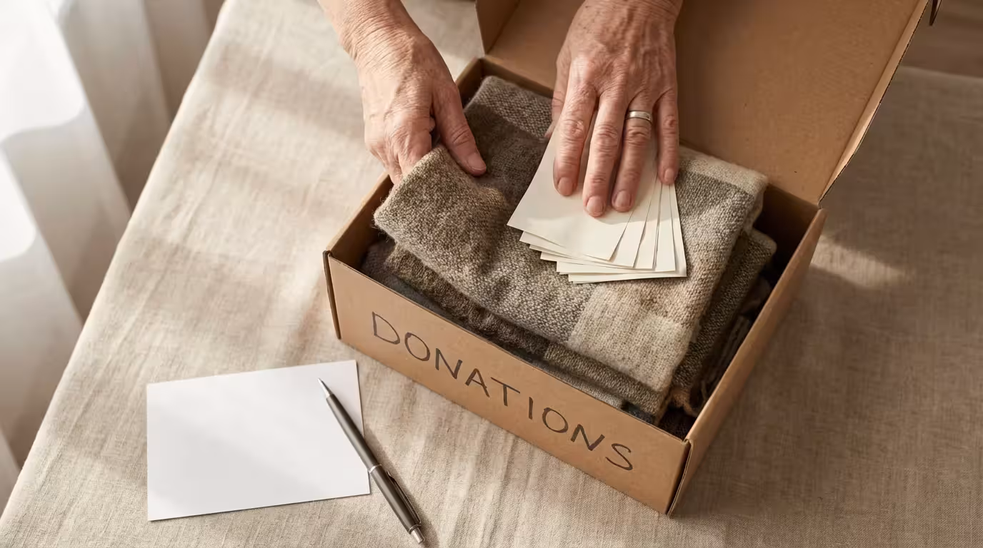 Elderly hands place a scarf and currency into a donation box for charity.