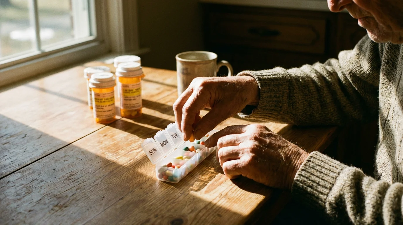Elderly hands sorting multiple prescription pills into a weekly pill organizer on a table.
