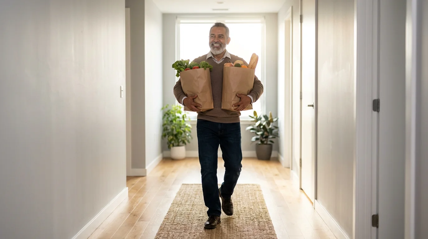 Elderly Hispanic man carrying grocery bags, walking down a brightly lit apartment hallway.
