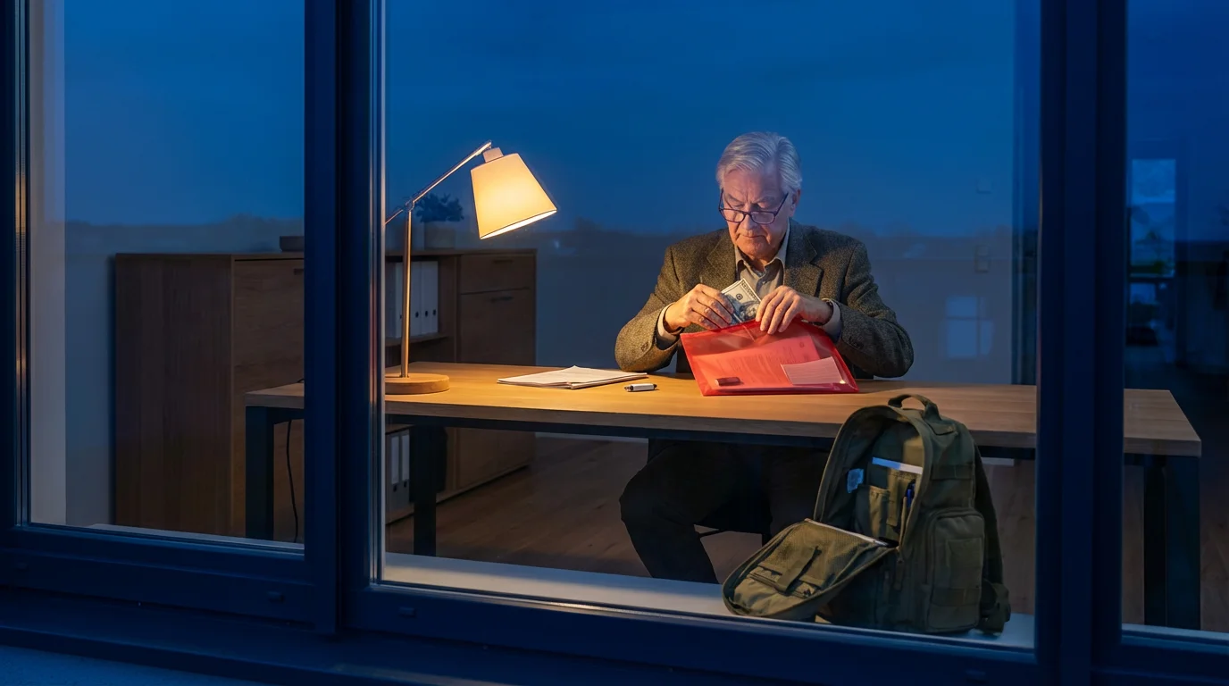 Elderly man at a desk organizing important documents for an emergency kit at twilight.