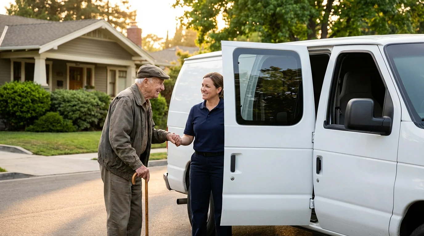 Elderly man boarding a senior shuttle van with help from a friendly driver at sunset.