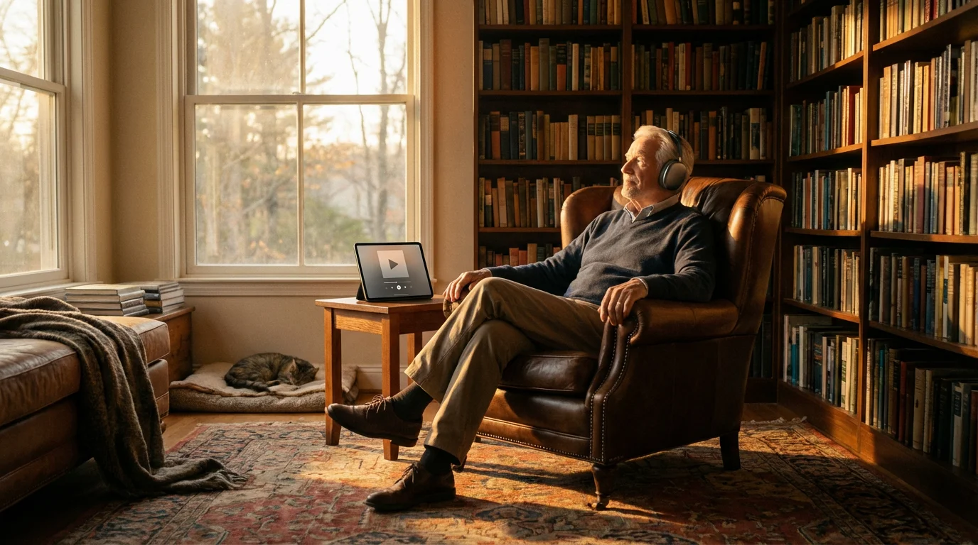 Elderly man in a home library listening to audio on a tablet at sunset.
