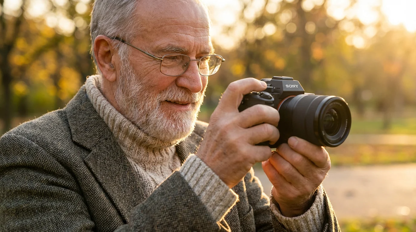 Elderly man learning photography basics with his digital camera in a park at sunset.