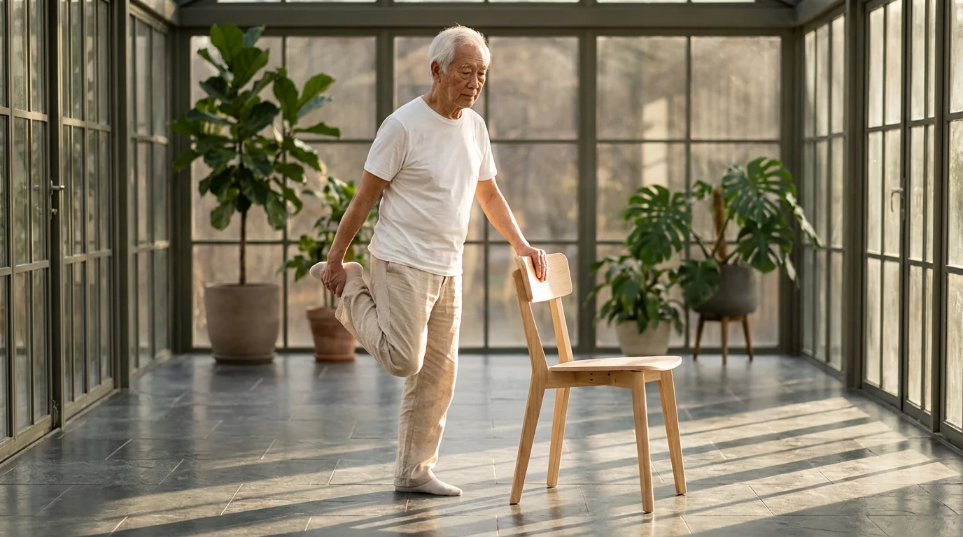 Elderly man performs a standing balance stretch using a chair in a sunlit room.