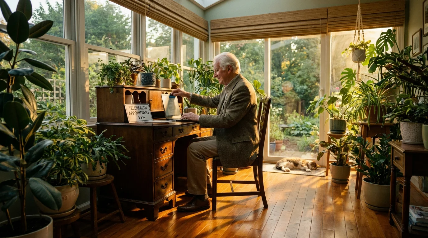 Elderly man preparing his laptop for a telehealth appointment in a sunny, quiet room.