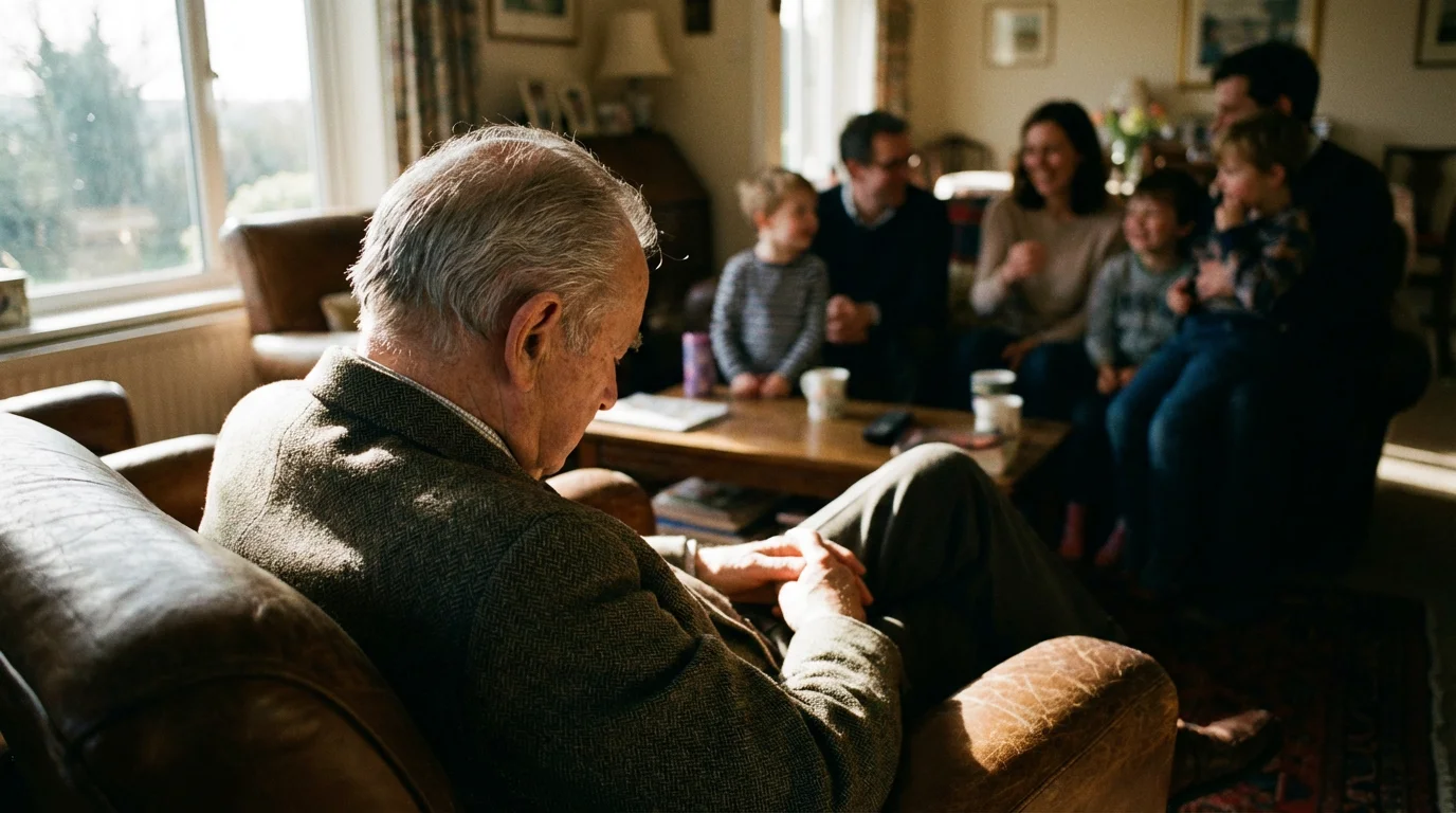 Elderly man seen from over his shoulder, watching his family from a distance.