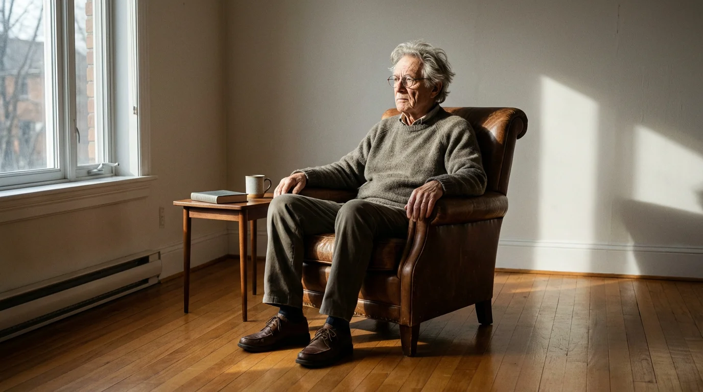 Elderly man sitting alone in an armchair looking out a window with long shadows.