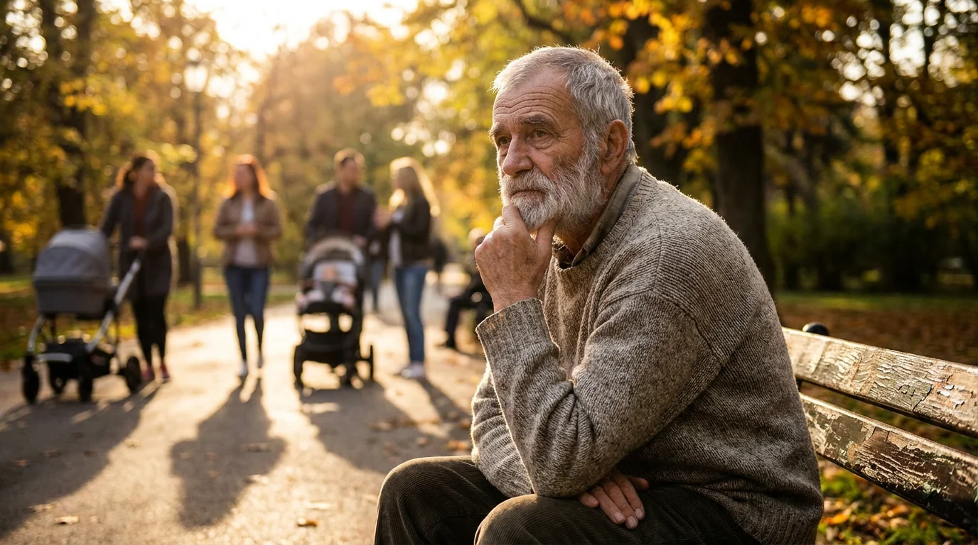 Elderly man sitting alone on a park bench during a warm, golden sunset.