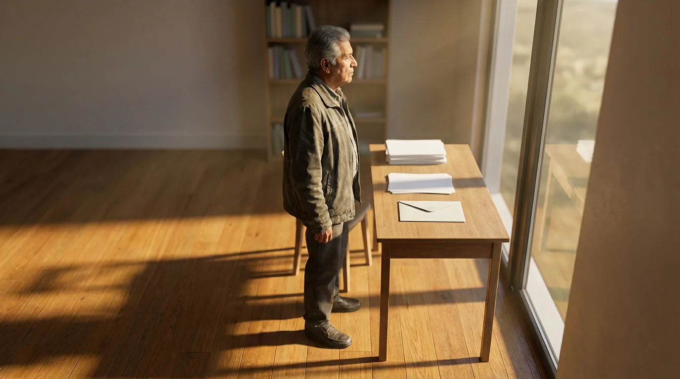 Elderly man stands thoughtfully in his study, contemplating paperwork during a moody afternoon.