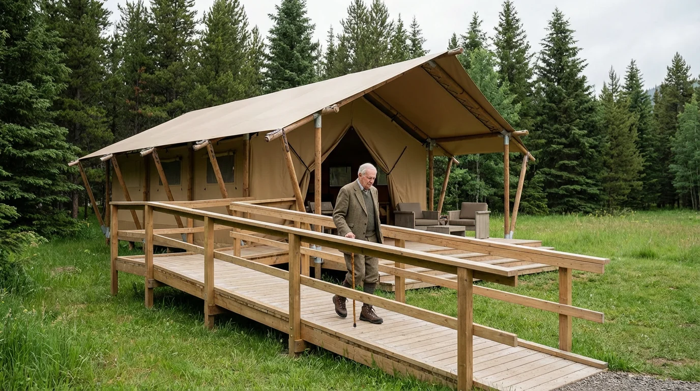 Elderly man with a cane walking up an accessible ramp to a glamping tent.