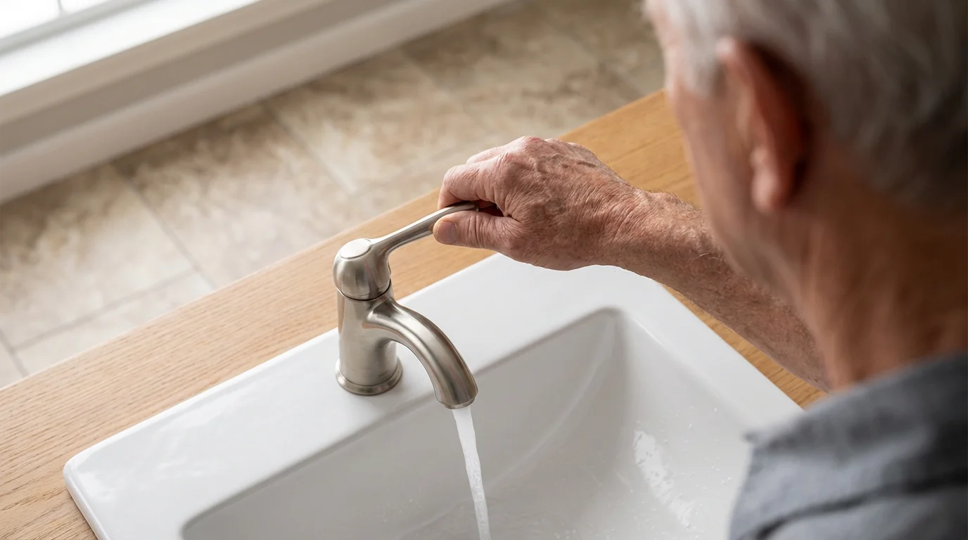 Elderly person's hand using an accessible, lever-handle faucet in a bright modern bathroom.