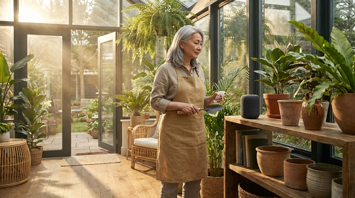 Elderly woman in a sunroom confidently using a smart speaker while tending to her houseplants.