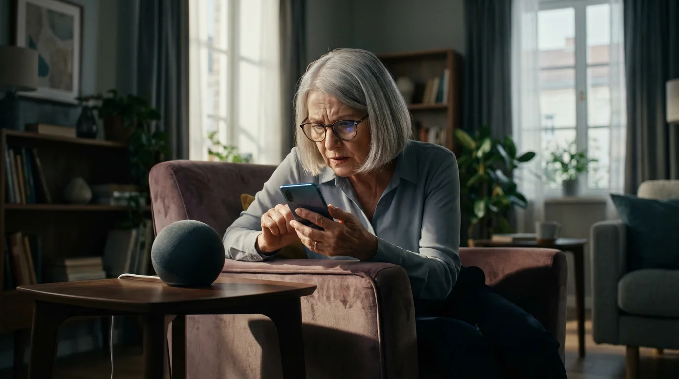 Elderly woman in an armchair uses her phone to troubleshoot a silent smart speaker.