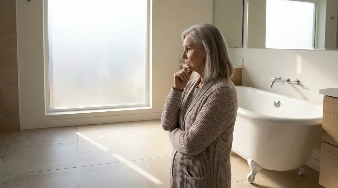 Elderly woman looking at the floor in a standard bathroom without safety modifications.