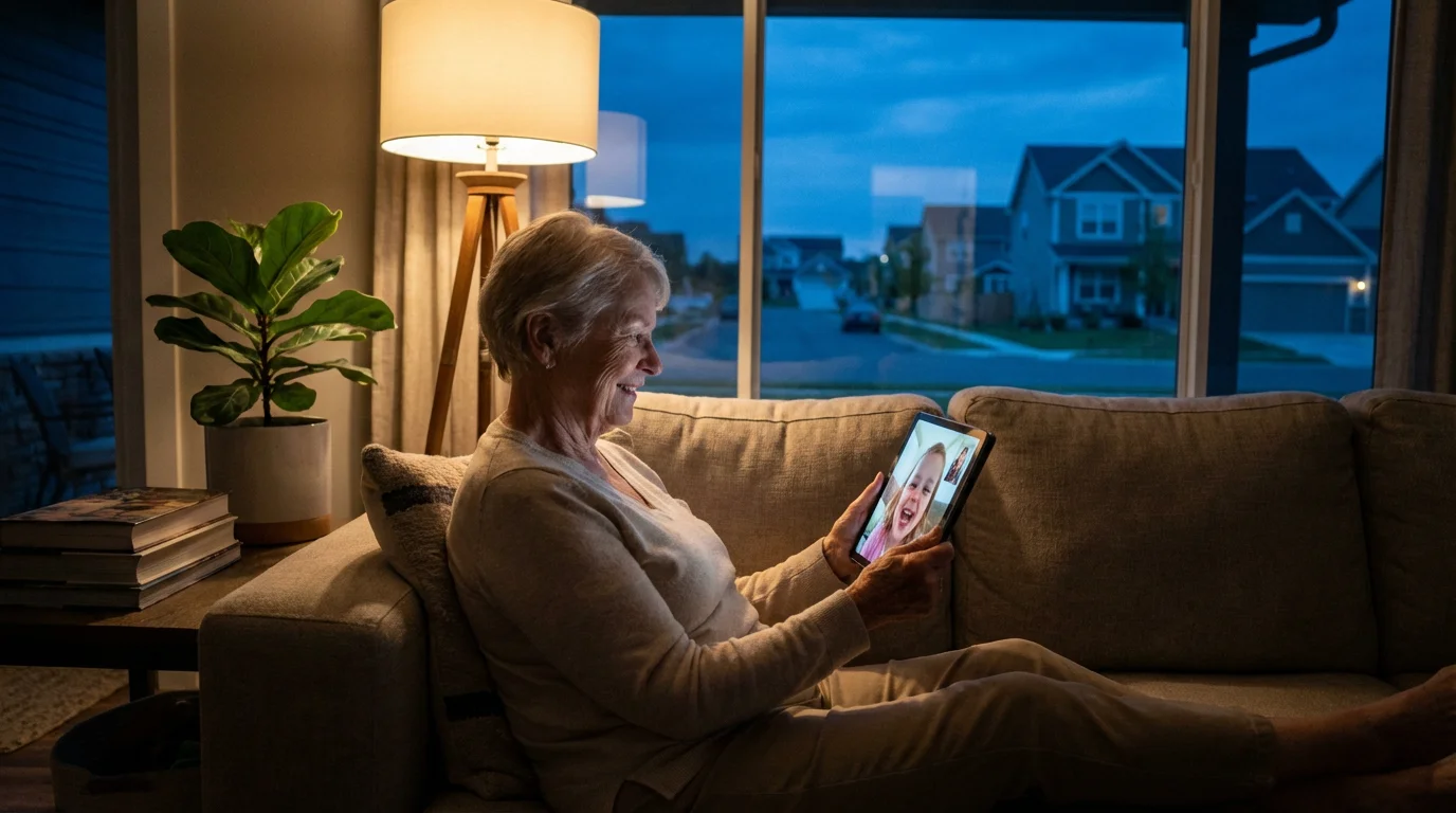 Elderly woman smiling while on a video call with her grandchild in a cozy living room at dusk.