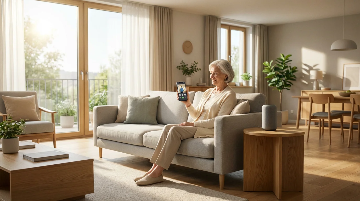 Elderly woman uses a smartphone to view her smart video doorbell in a sunlit living room.