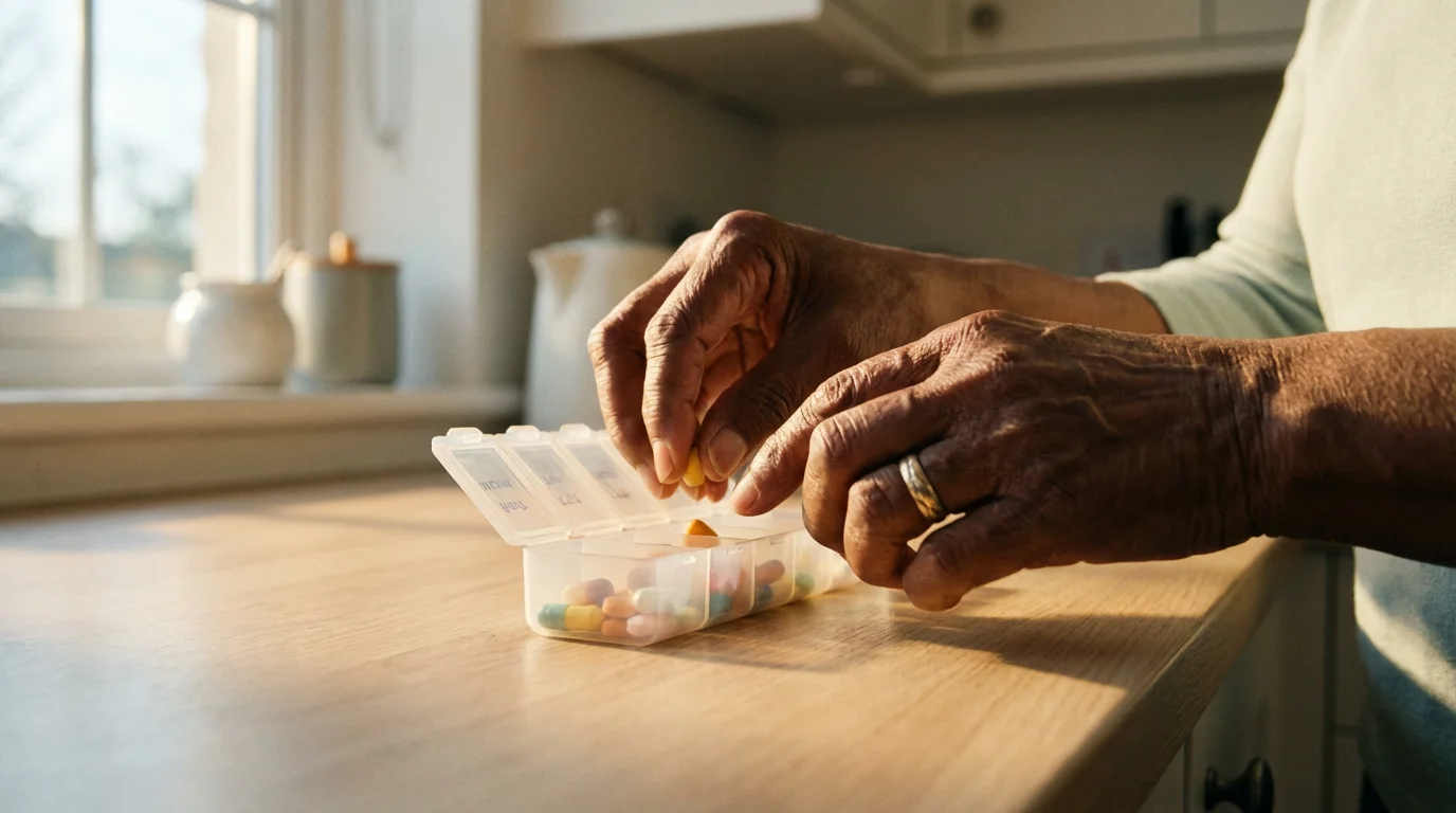 Elderly woman's hands sorting prescription pills into a weekly organizer during golden hour.