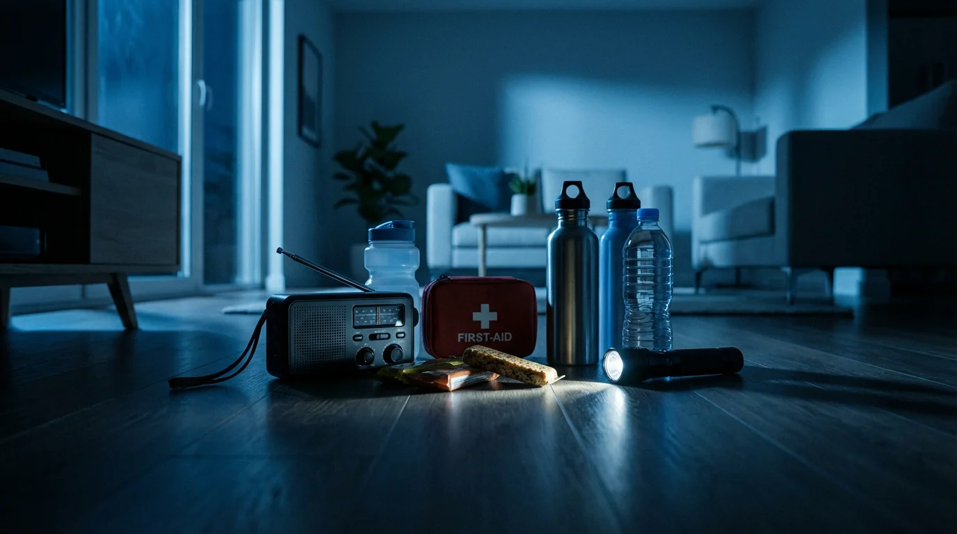 Emergency survival kit essentials, including water, first-aid, and a flashlight, on a floor.