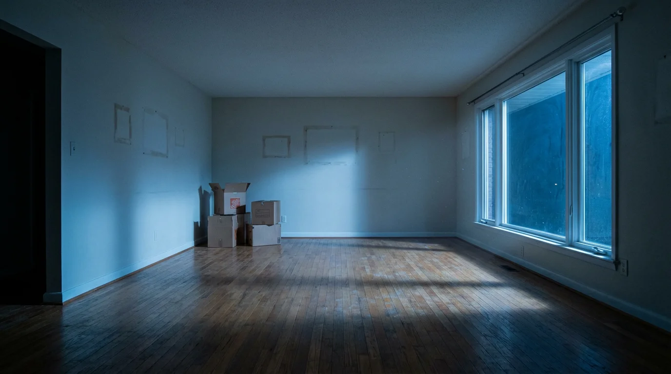 Empty living room of a house at twilight with blue light from a window.