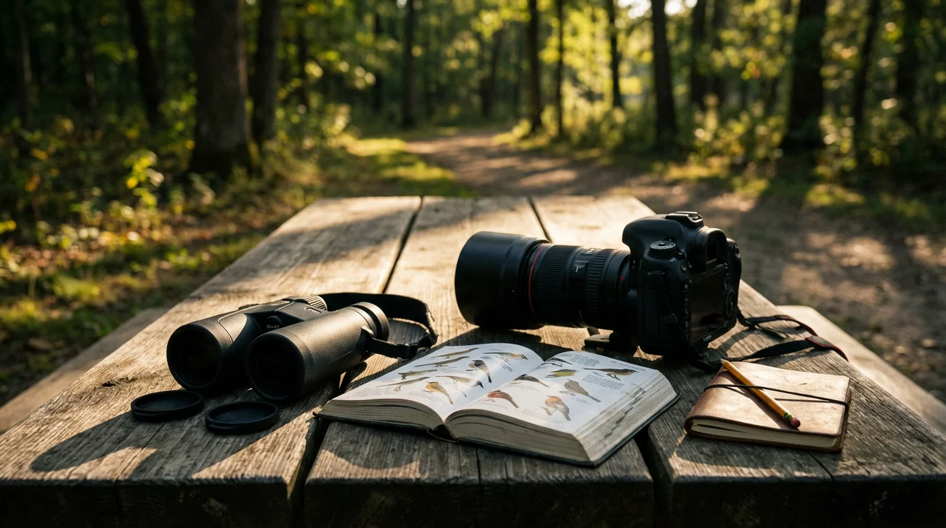 Essential birdwatching gear including binoculars and a camera on a wooden table outdoors.
