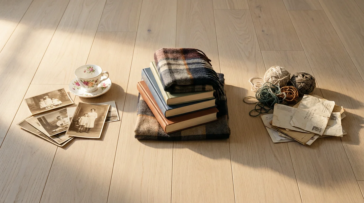 Flat lay high angle shot of items being sorted into piles for decluttering.