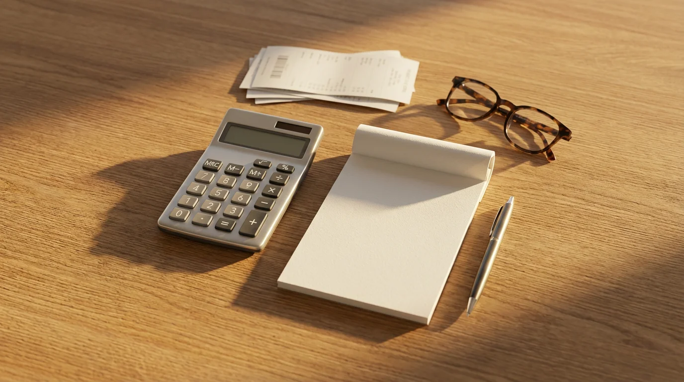 Flat lay of a calculator, notepad, and receipts on a wooden table at golden hour.
