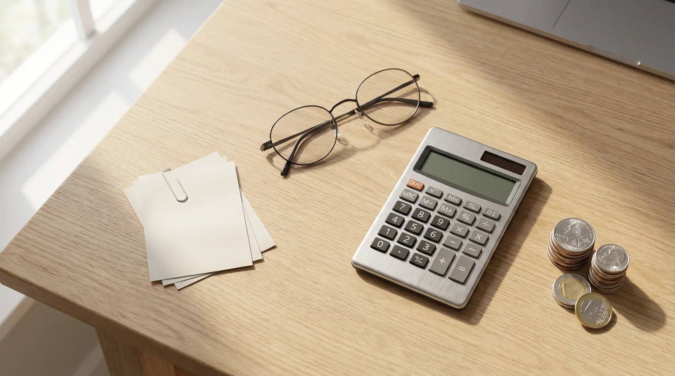 Flat lay of a calculator, reading glasses, receipts, and coins on a desk.
