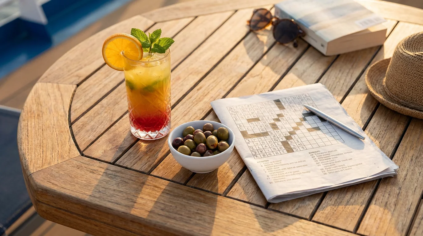 Flat lay of a cocktail, olives, and a crossword puzzle on a cruise deck.