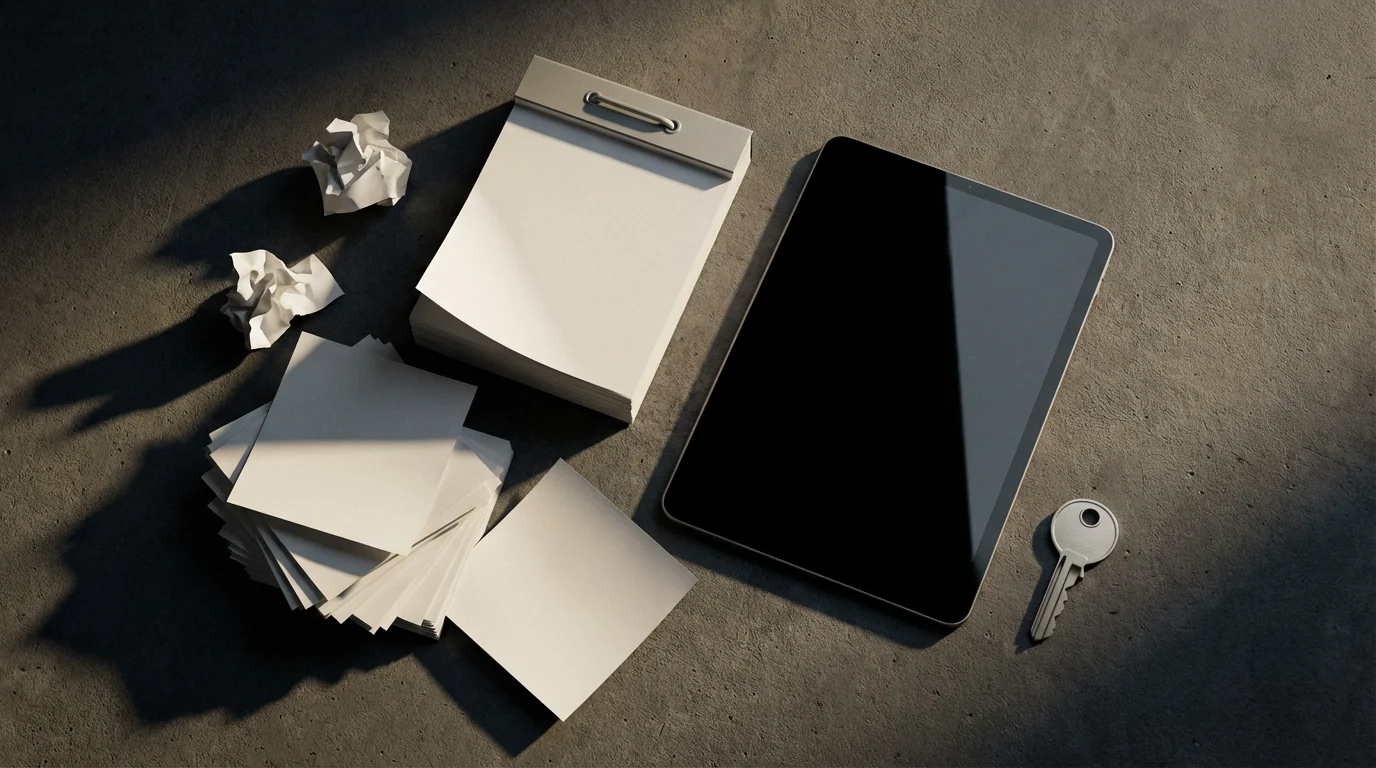 Flat lay of a desk calendar with torn pages, a tablet, and a key.