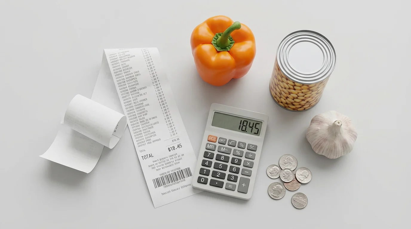 Flat lay of a grocery receipt, calculator, coins, and healthy budget-friendly food items.