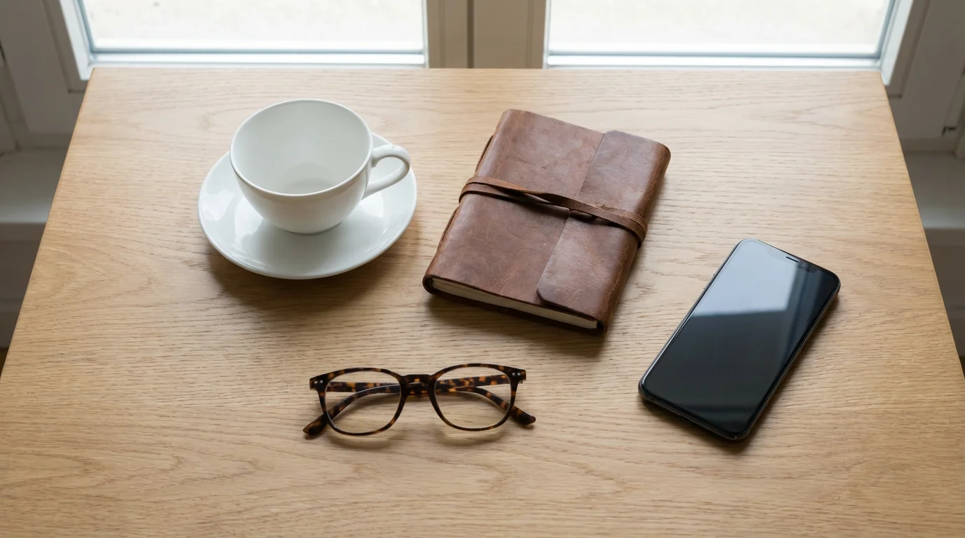 Flat lay of a journal, glasses, teacup, and smartphone symbolizing seeking mental health support.