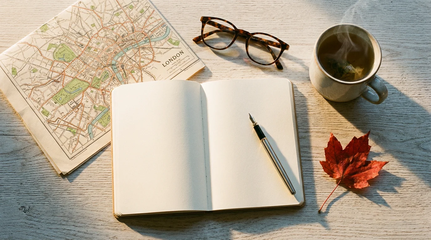 Flat lay of a journal, map, and tea on a wooden table for staycation planning.