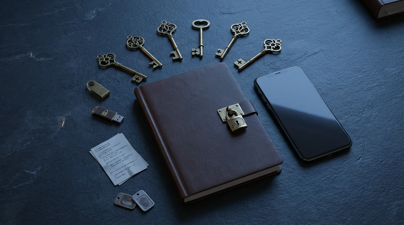 Flat lay of a journal with a lock, smartphone, and vintage keys symbolizing password safety.