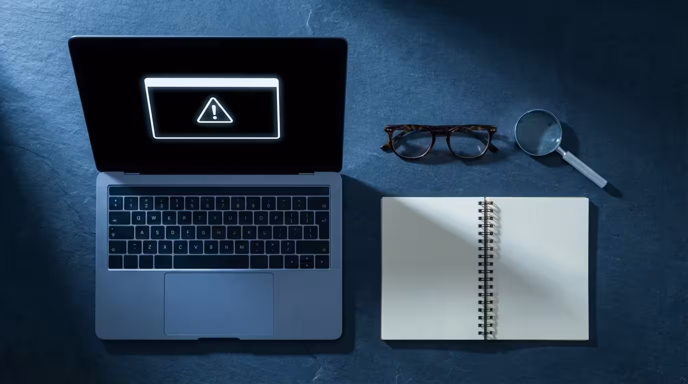 Flat lay of a laptop showing an error icon, with reading glasses and notebook.