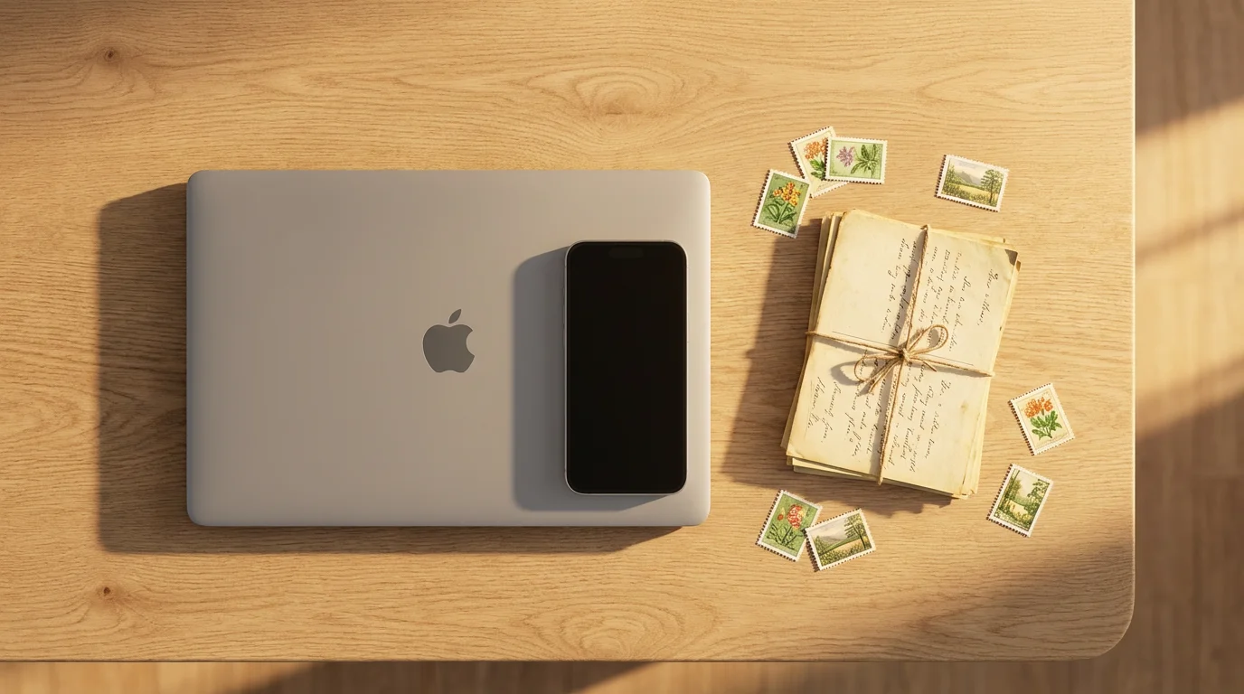 Flat lay of a laptop, smartphone, and old-fashioned letters on a wooden desk.