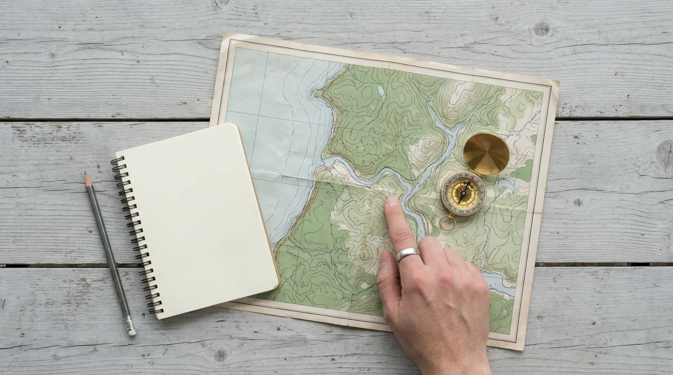 Flat lay of a map, compass, and notebook for planning a birdwatching trip.
